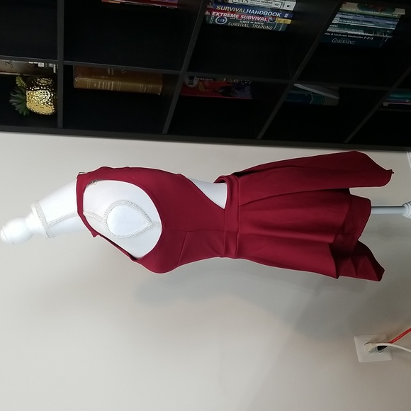 Red Burgandy Halter Neck High Waist Bootie Short Dress w/ Cut Out Back - Picture 5 of 13